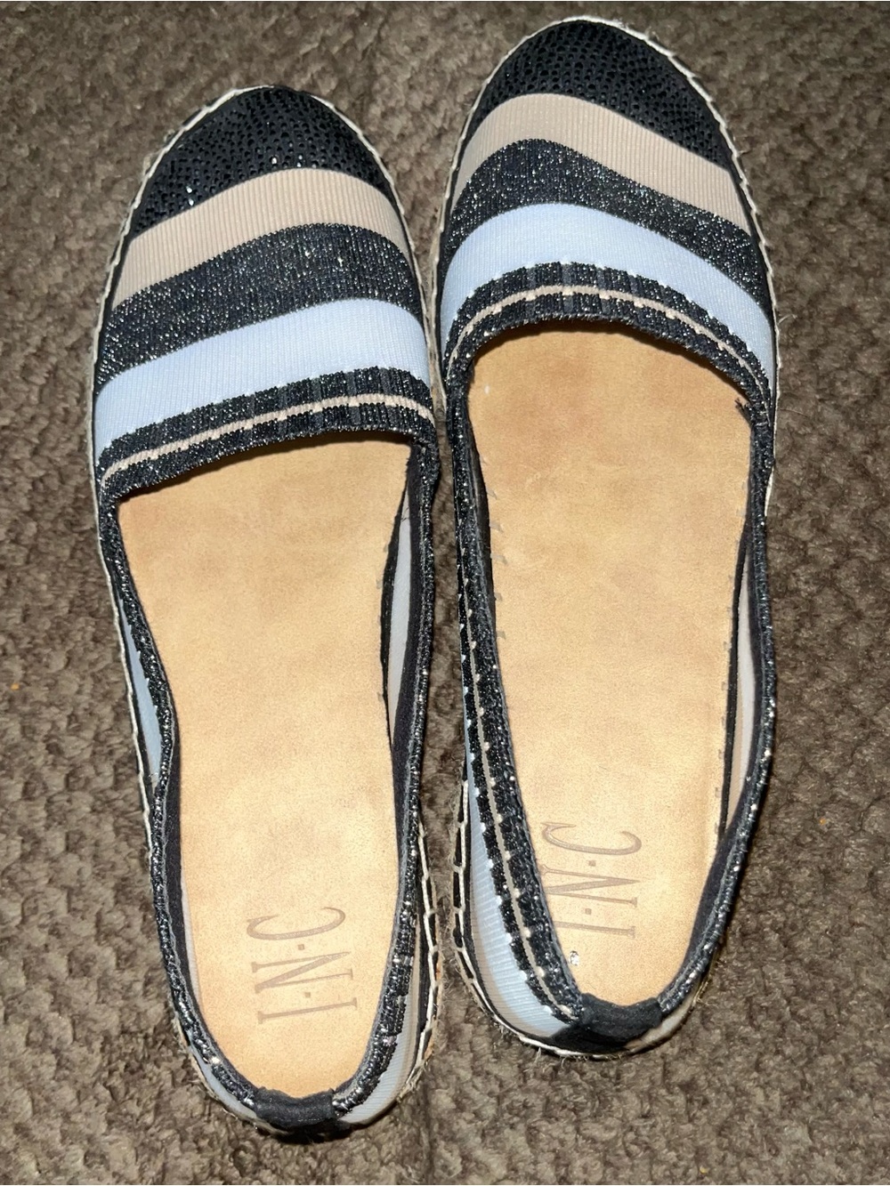 INC International Concepts Black, Light Blue & Beige Striped Slip-On Flats